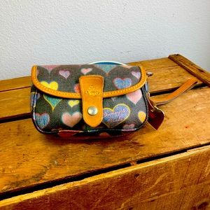 Vintage Dooney & Bourke Wristlet with hearts Metal heart tag  black heart design